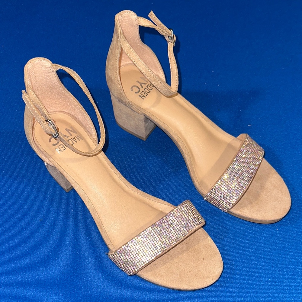 NYC Madden  Tan and Gold Block Heel Sandals
